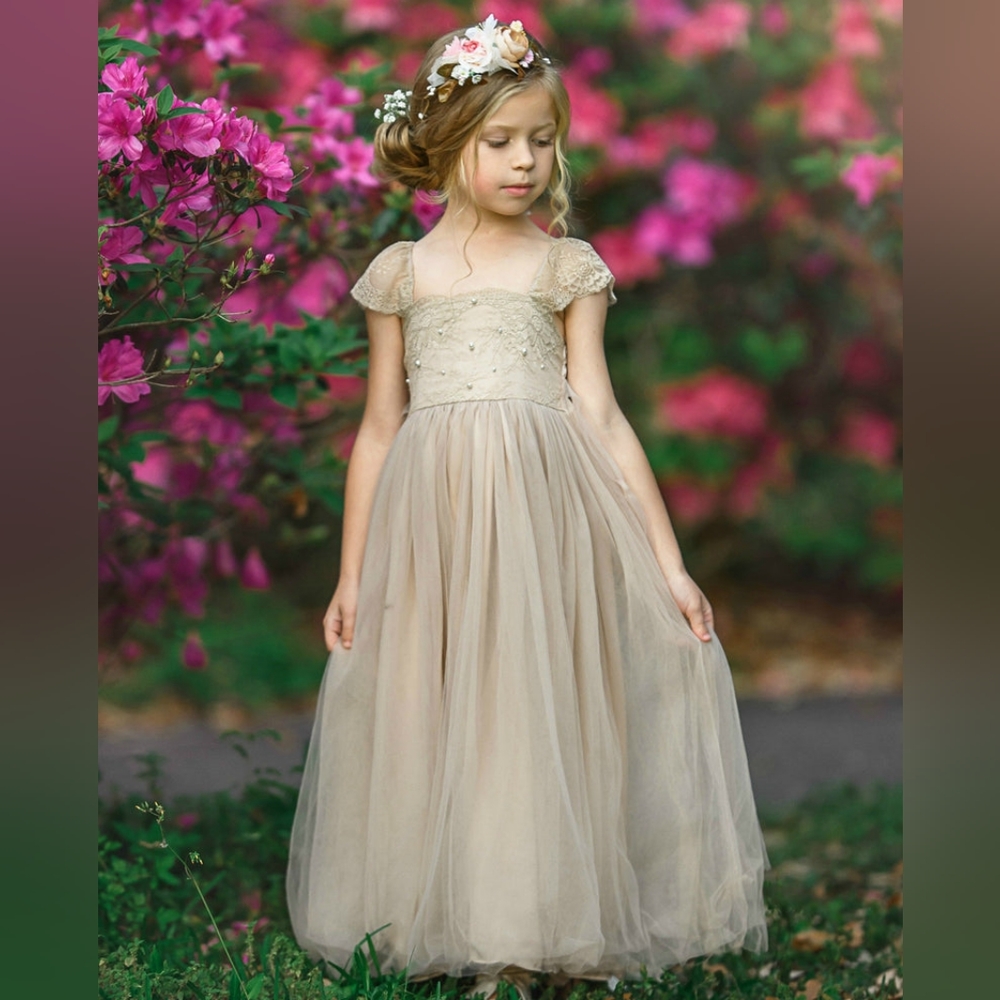 Think Pink Bows Girls Rosemary Floral Lace Antique Blush Tulle Dress size 2